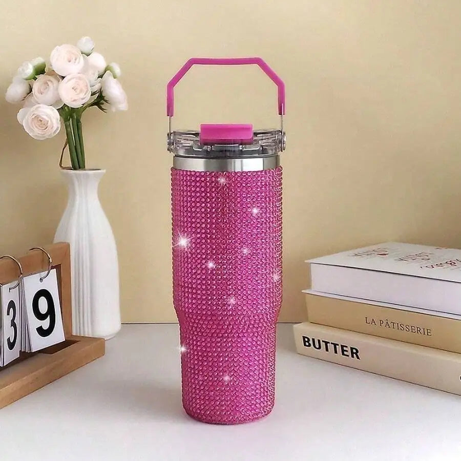 Stainless Steel Vacuum Insulated Tumbler With Rhinestone Decor Straw Lid Travel