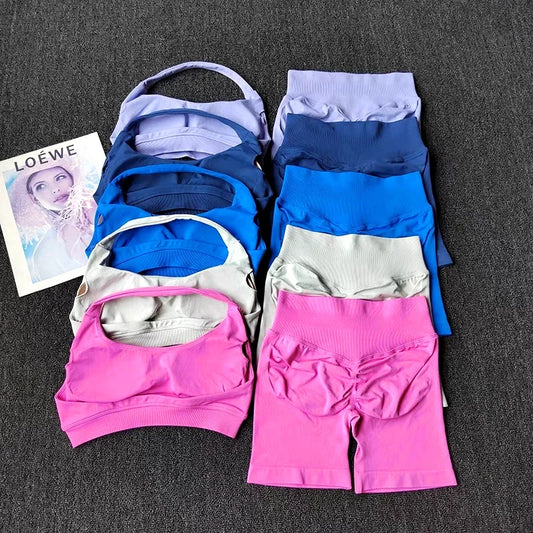 Women's Seamless Yoga Set Two Piece Halter Sports Bra Shorts