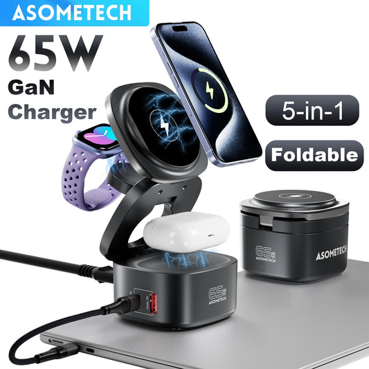 ASOMETECH 65W GaN Fast Charger Magnetic 5-In-1 Foldable Wireless Station