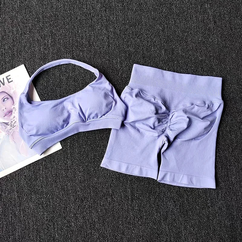 Women's Seamless Yoga Set Two Piece Halter Sports Bra Shorts